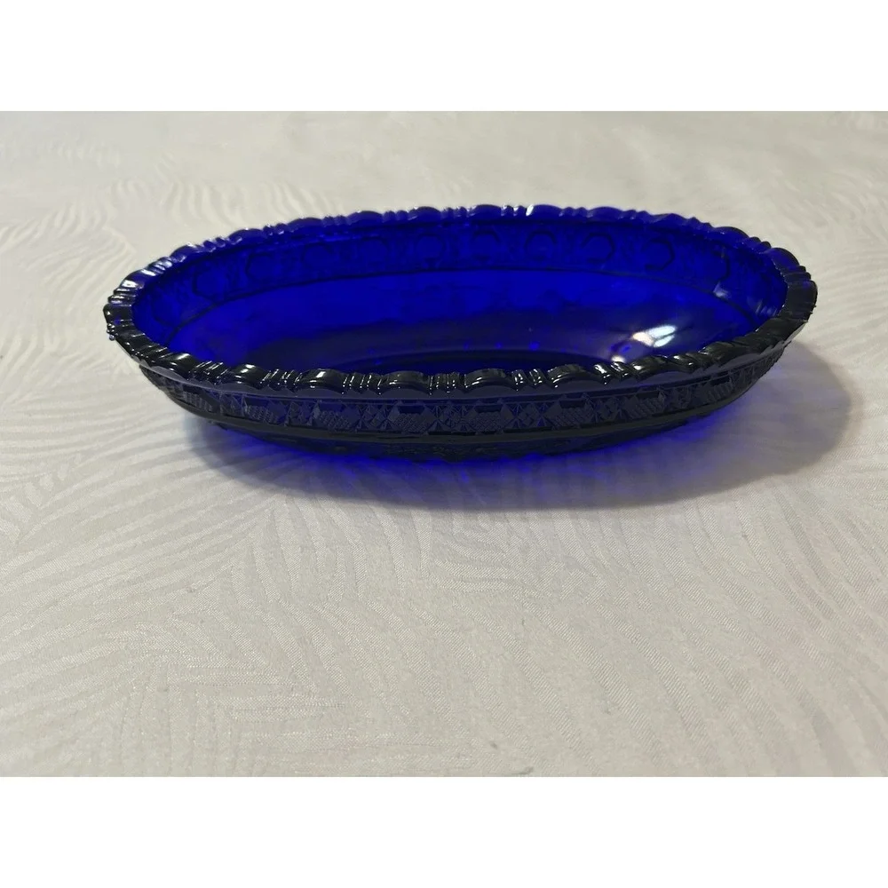 Vintage Tiara Glass Cobalt Blue Bird Berries Dish
